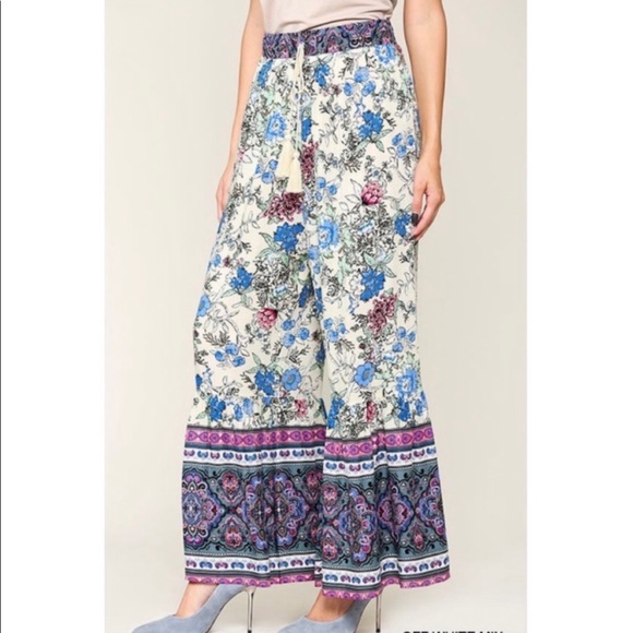 New! Sale 🔥Floral Boho Wide Leg Drawstring Tassels Tie Waist Ruffled Hem Pants - Picture 4 of 7
